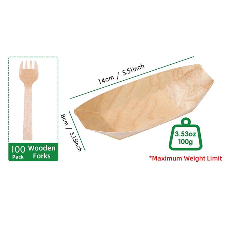 B97A-100 Set Wooden Disposable Food Trays Dessert Plates Boat Plates Food Boats Disposable Plates