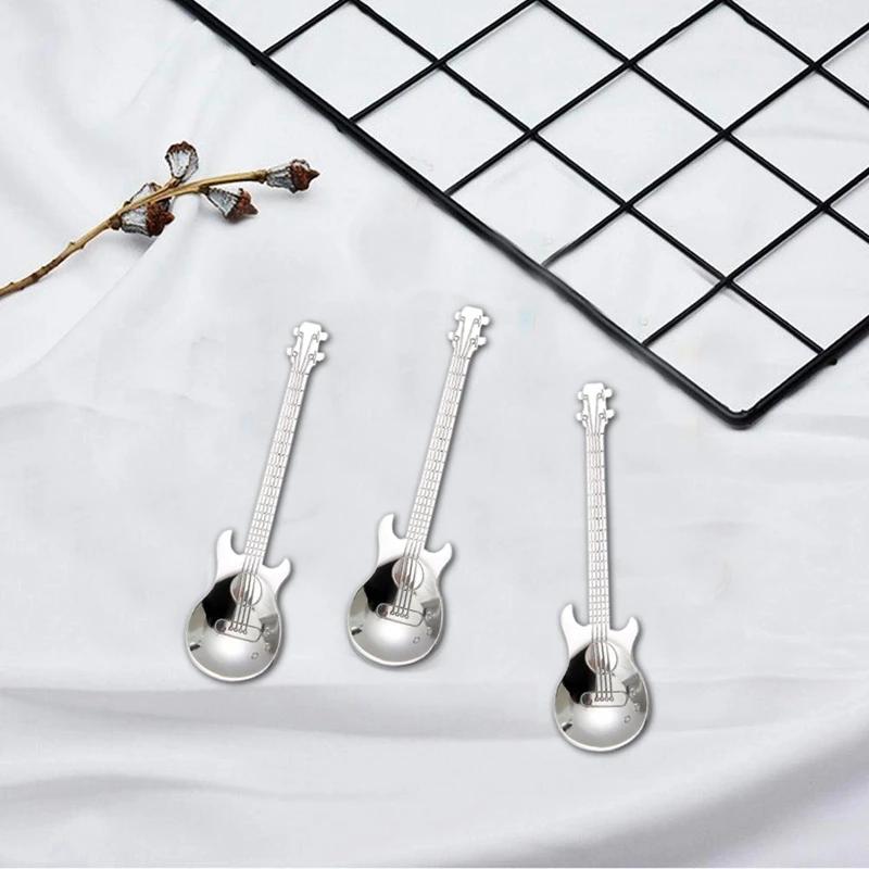 Guitar Coffee Teaspoons,4 Pcs Stainless Steel Musical Coffee Spoons Teaspoons Mixing Spoons Sugar Spoon(Silver)