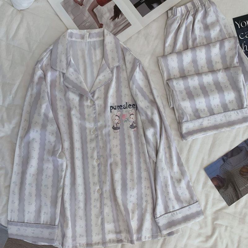 

Осенняя полосатая пижама с кроликом для женщин - Мультяшная домашняя одежда в корейском стиле, тренд Xiaohongshu Medium серый