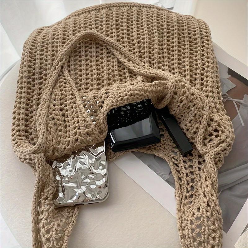 Solid Color Bohemian Knit Tote Bag Large Capacity Hollow Out Crochet for Women Birthday Holiday Gifts