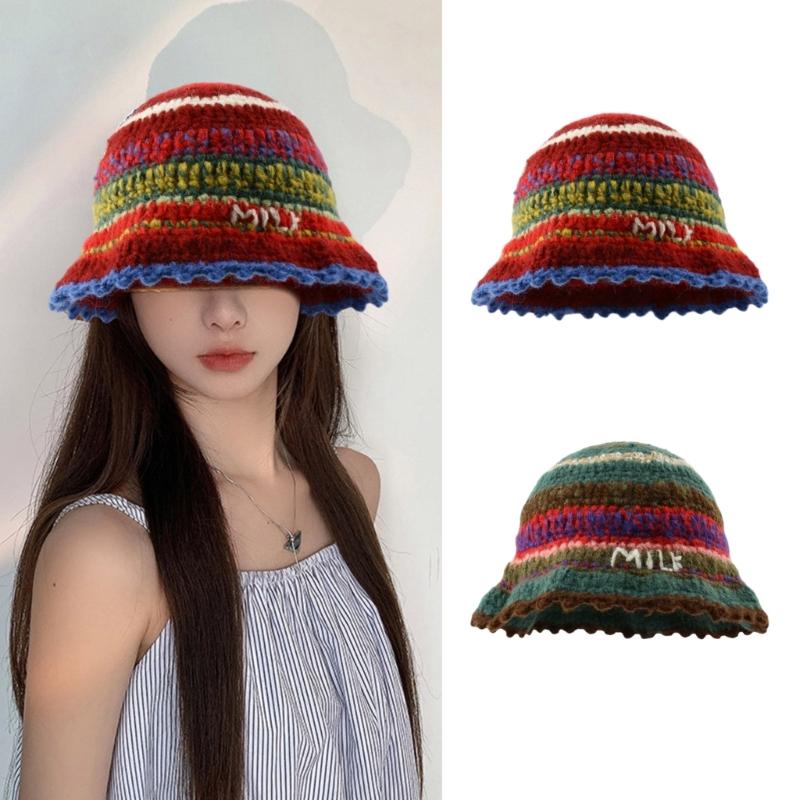 Rainbow Stripe Pattern Crochet Bucket Hat Ladies Commute Camping Fisherman Cap with Stripe Pattern for Girlfriend