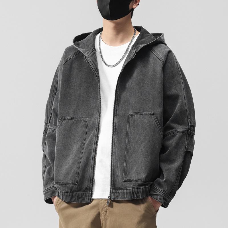 Men's Trendy Retro American Stand Collar Denim Jacket - Loose Fit, High-Quality, Solid Color for Spring and Autumn.