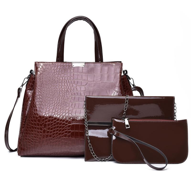 New patent leather handbag crocodile pattern simple and fashionable large-capacity women's bag set magnetic buckle shoulder messenger bag handbag