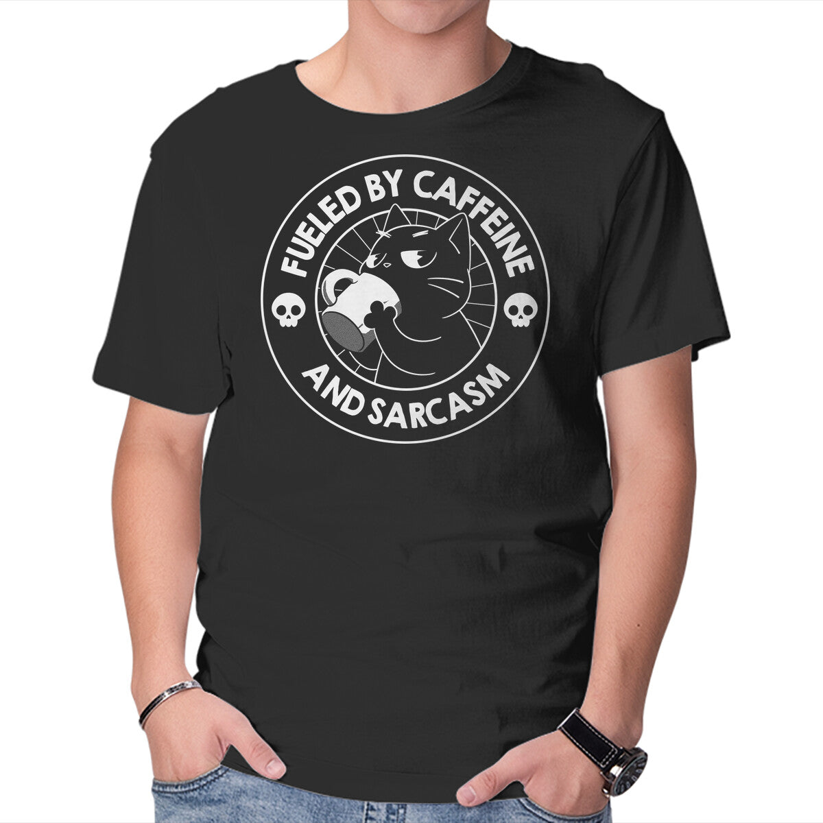 Unisex Crew Neck T-Shirt Fueled By Caffeine And Sarcasm Graphic Short Sleeve Casual Tee XL