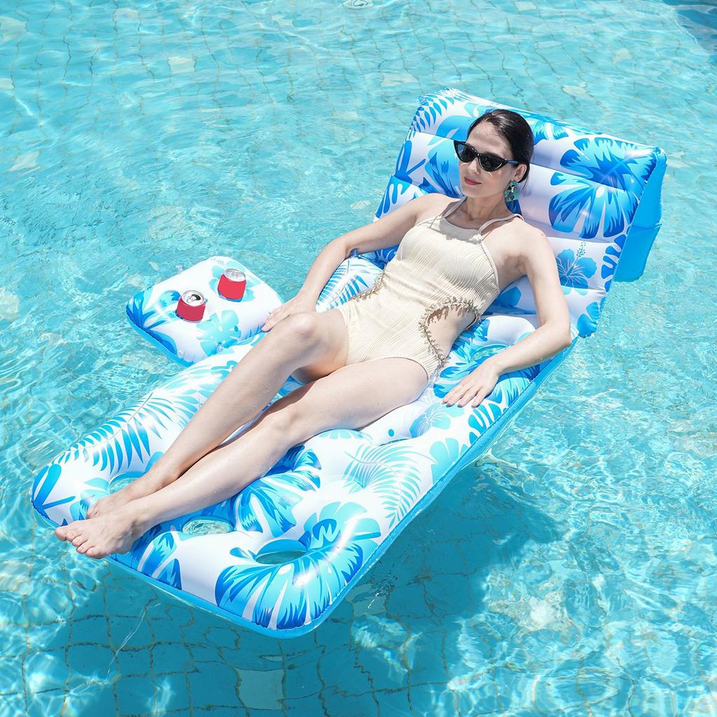 180cm x 90cm Inflatable Leaf Hole Floating Raft Pool Party Floating Lounger with Cup Holder