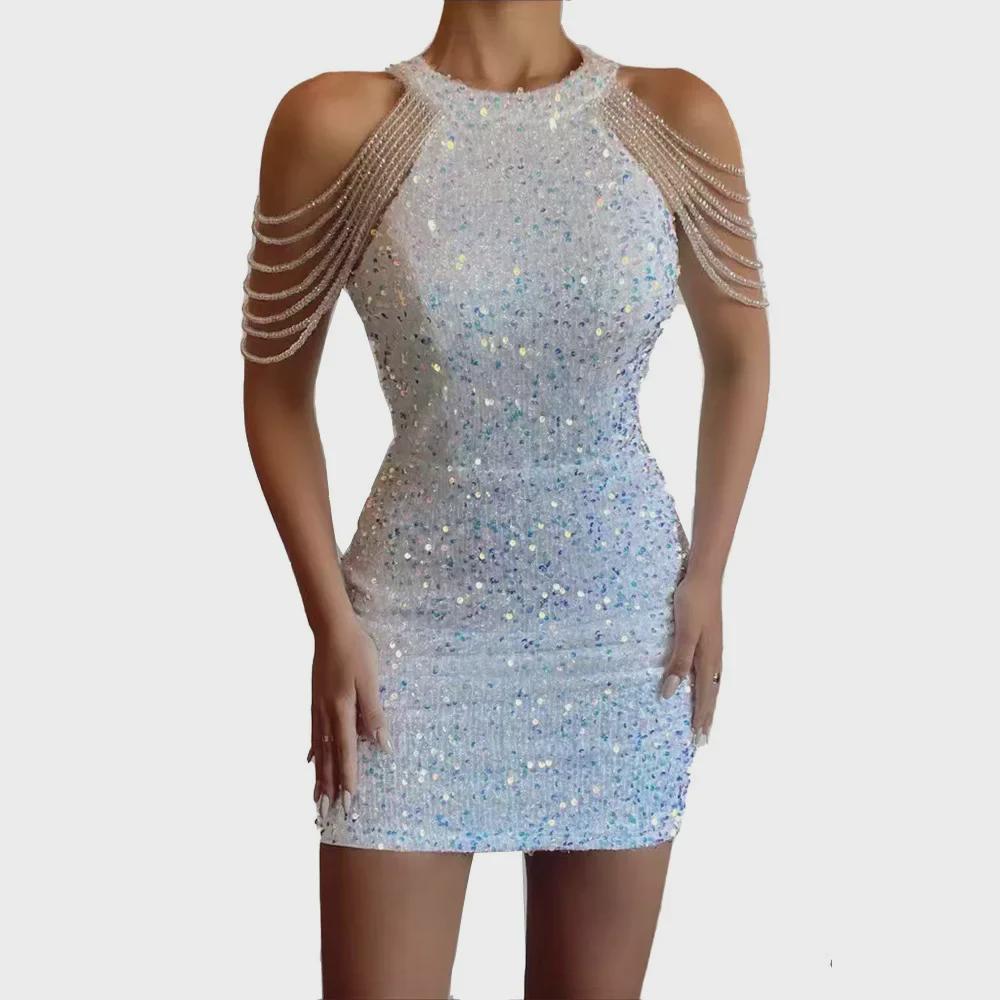 2025 Spring Sexy Halterneck Off-Shoulder Tassel Sequin Dress - European & American Fashion