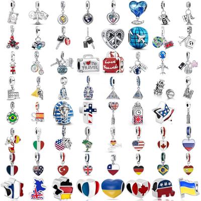 Newest S925 Silver Plated Ukraine Brazil UK Spain Eiffel Tower Flag Travel Sphinx Fit Original Bracelet Necklace Jewelry