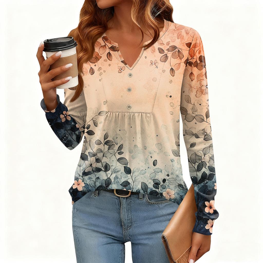 Γυναικείο Χαλαρό, V-λαιμόκοψη, Ρετρό Χρώμα, Μπλοκ με Φλοράλ Σχέδιο, Μακρυμάνικο Πουλόβερ T-shirt