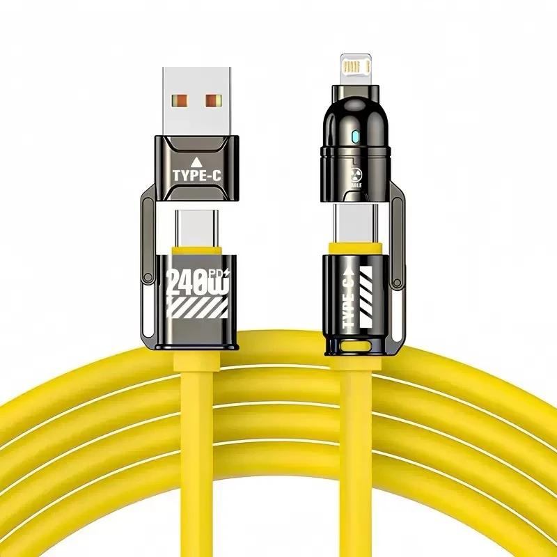 4 In 1 240W Fast Charging Data Cable, Dual Type-C Lightning USB Multi Port Phone Charger Cable for iPhone Samsung Huawei Xiaomi