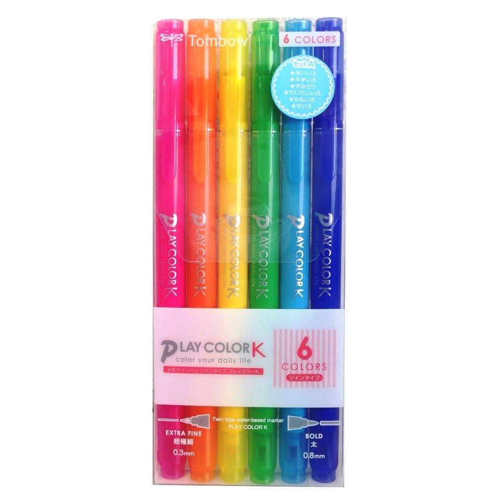 

Tombow Sign 6 цветов Толстые Очень тонкие Двусторонние Яркие цвета Play Color K Ручки на водной основе, (Тип 0,8 мм и 0,3 мм), Ручки, GCF-611A