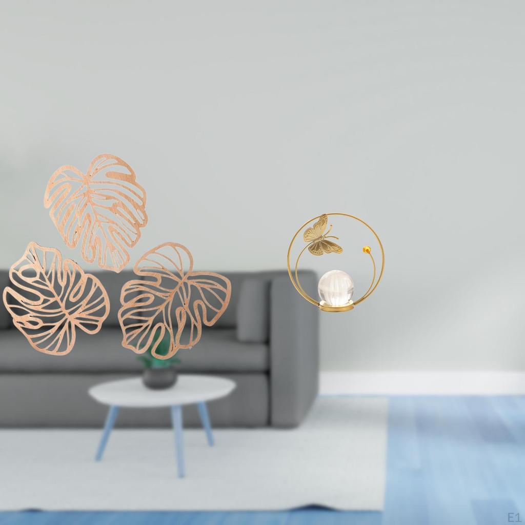 Tropical Palm Leaves Wood Wall Decor with Crystal Ball Sculpture Metal Figurine Creative Jungle