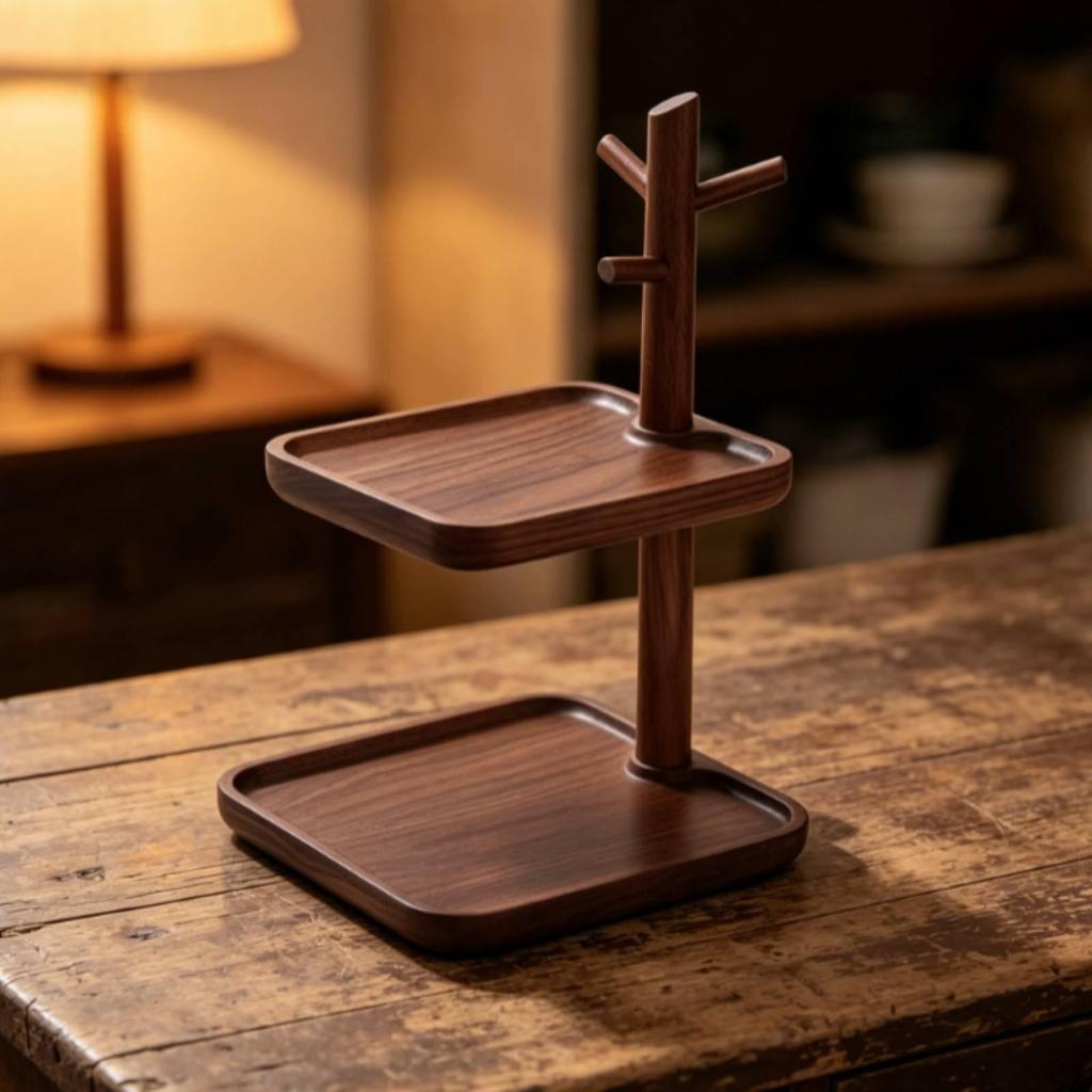 Wood Valet Tray with Key Hooks Walnut Entryway Organizer Holder Two Tier
