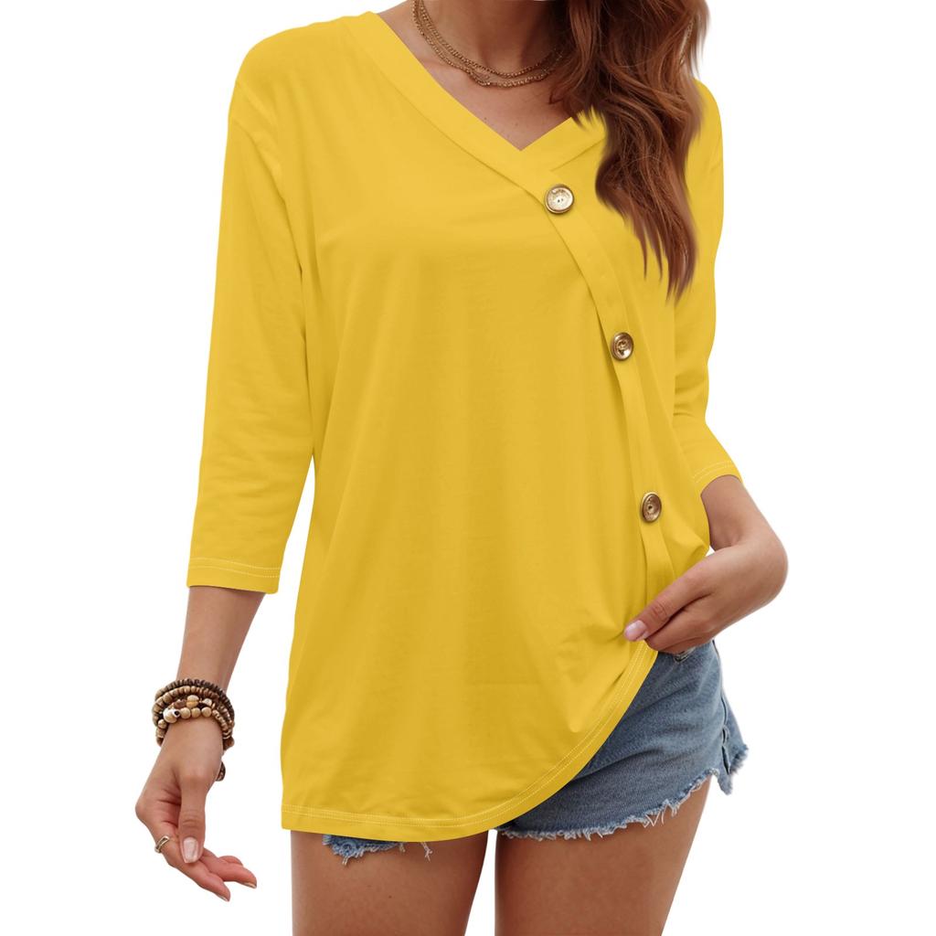 Women's Fashion Casual Three-quarter Sleeve Solid Color Button Round Neck Top
