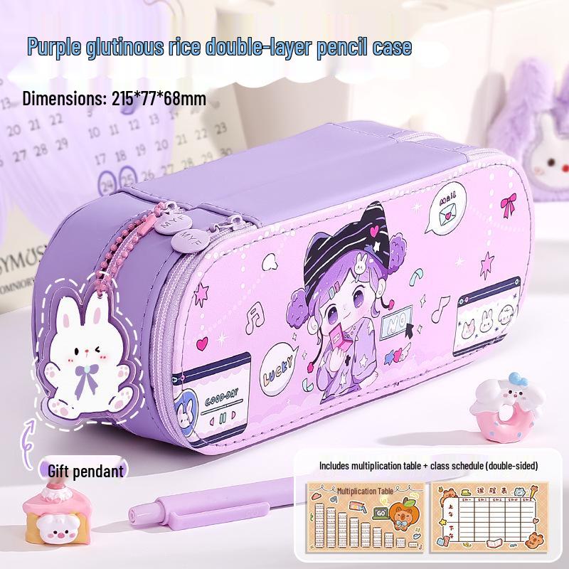 Large Double-Layer Cartoon Pencil Case - Cute Multi-Layer Stationery Box for Primary School Students