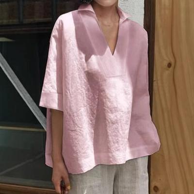 Womens Cotton Linen Blouse Plus Size Clothes Tops Half Sleeve Shirts Lapel V Neck Casual Clothing Solid Top