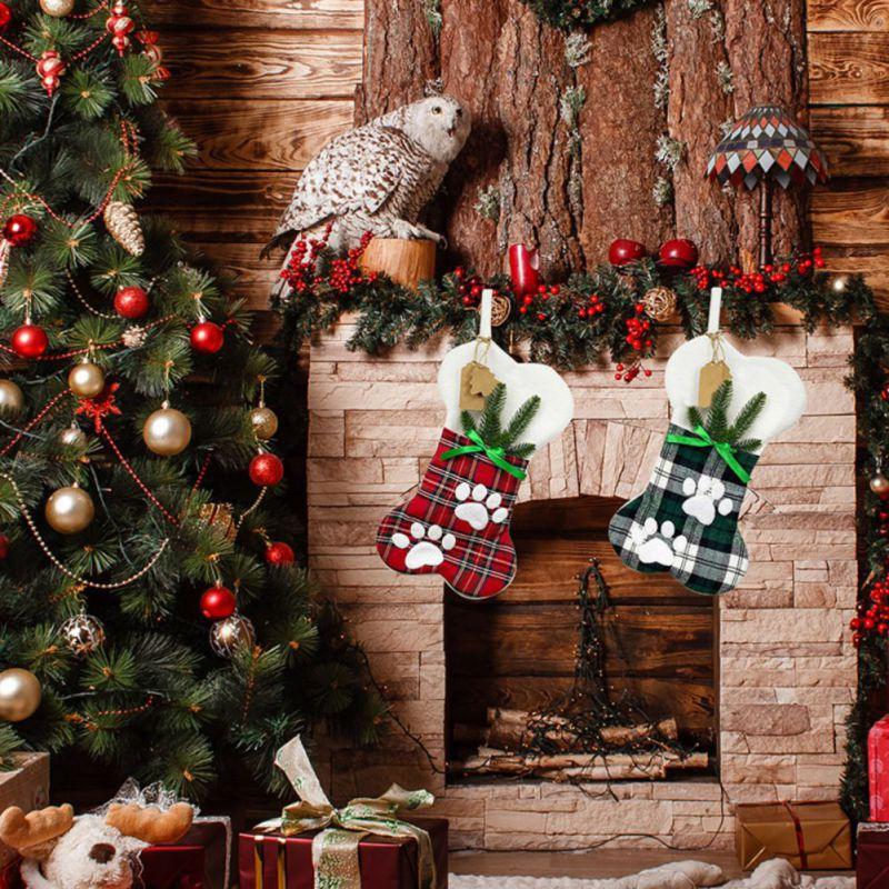 Grid Christmas Stockings Candy Sock Xmas Gift Holders for Christmas Home Navidad New Year Sock Christmas Tree Decorations