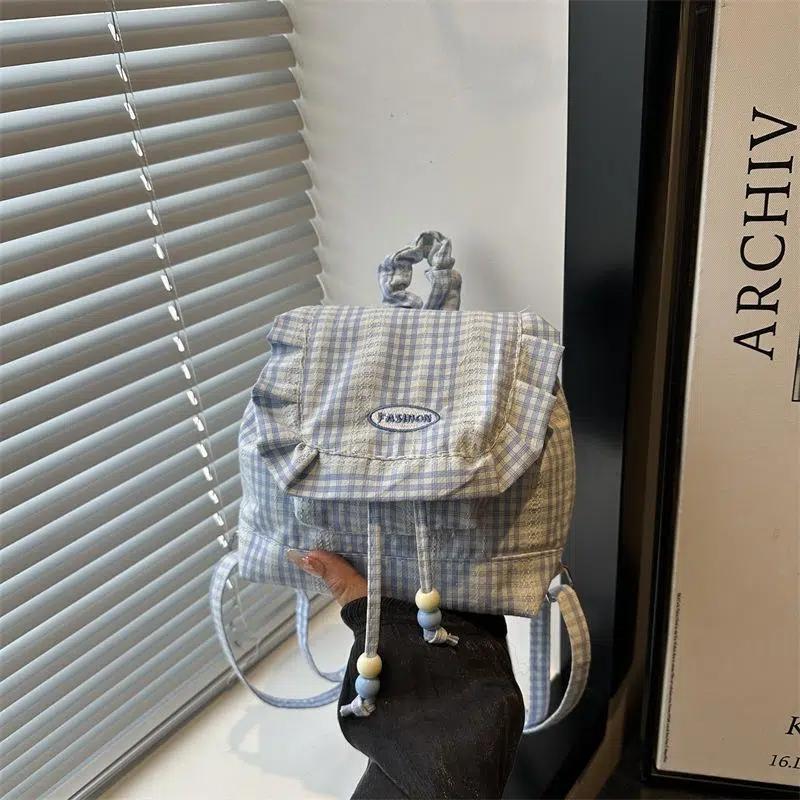 1Pcs Large Capacity Bow Shoulder Bag Multi Functional Korean Style Lace Plaid Backpack Travel Canvas Backpack Book Bag