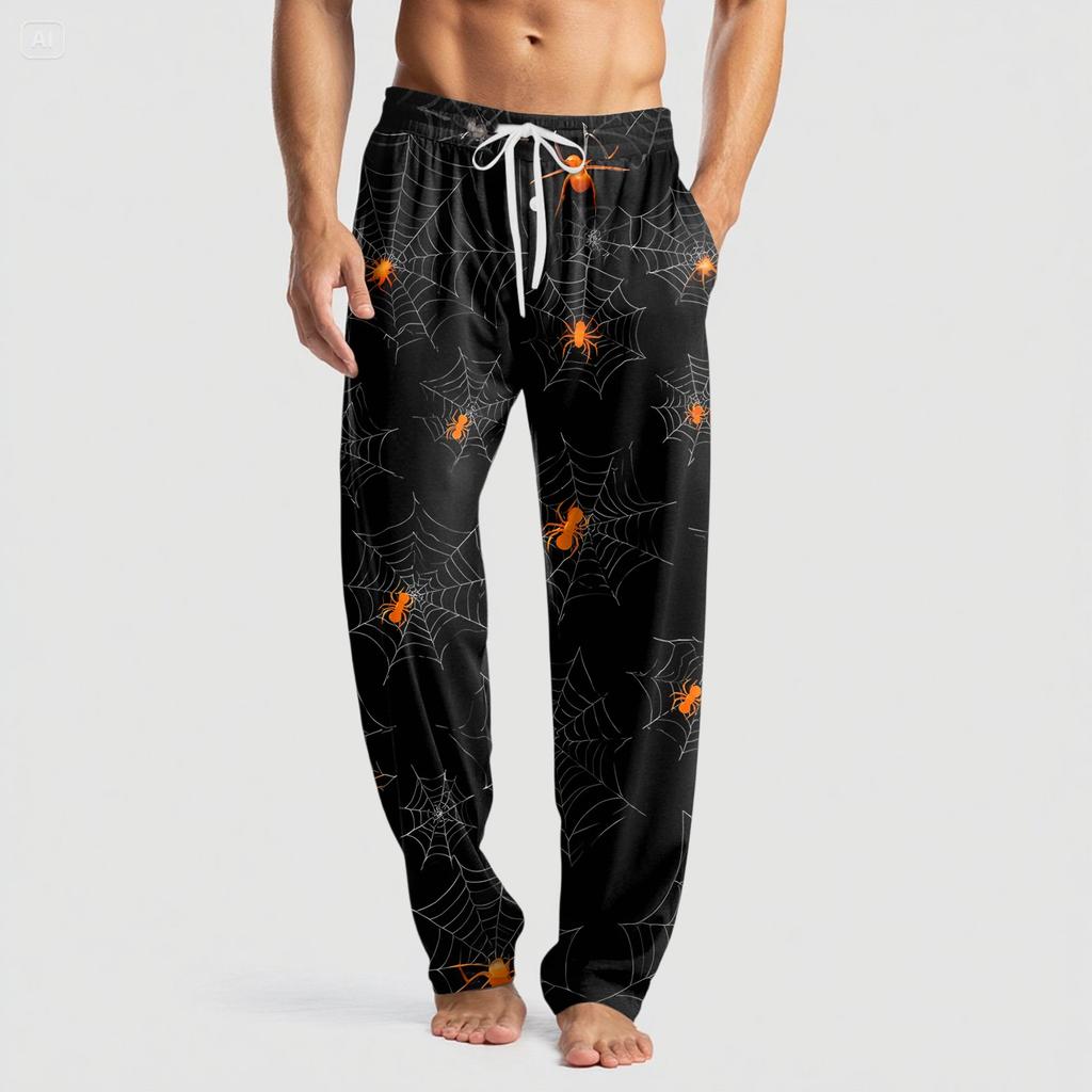 Pánské pletené ležérní kalhoty s kapsami a halloweenským potiskem, pyžamové kalhoty