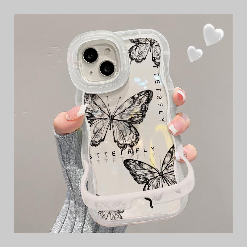 Applicable To Apple 15 Mobile Phone Case IPhone 13/14 Full Screen Butterfly 12pro Wavy Edge Invisible Double Bracket Transparent