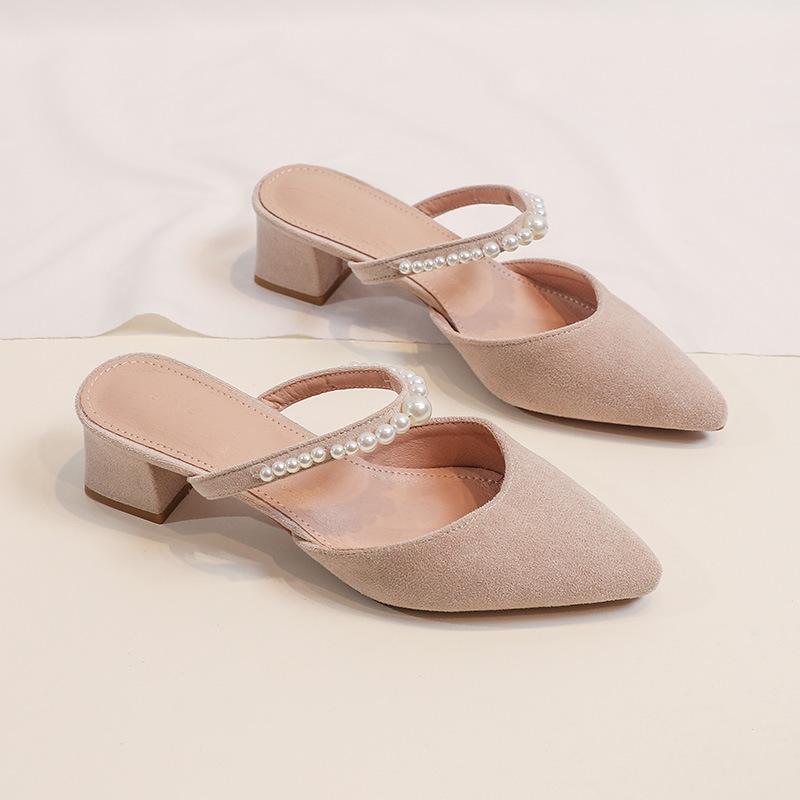 

Модные шлепанцы с жемчужной лентой, женские остроносые туфли на высоком каблуке, летние шлепки, однотонные, с жемчужной отделкой, шлепанцы, женские сандалии 35 абрикосовый