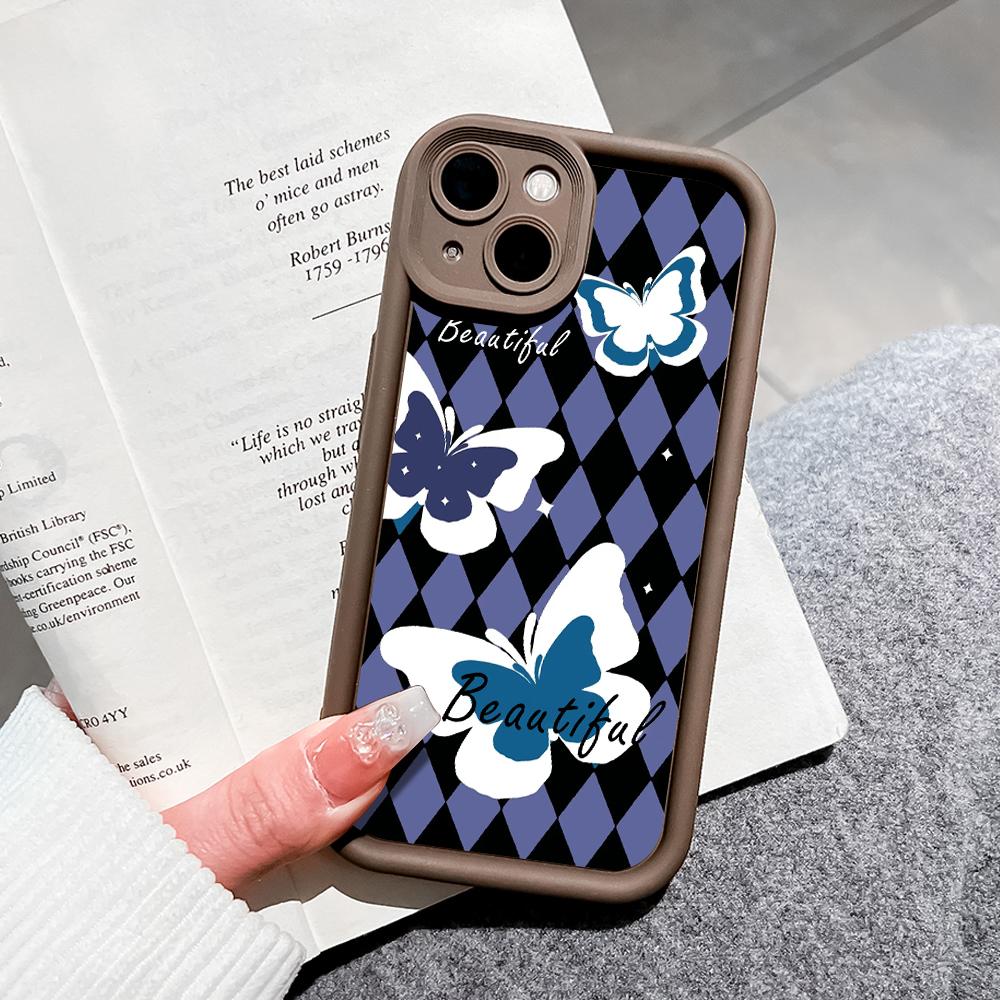 For iPhone 16 15 14 13 12 11 Pro Max XS Max XR X SE 8 7 Soft Silicone Butterflies Lozenge Shape Full Lens Protect Phone Case Cover
