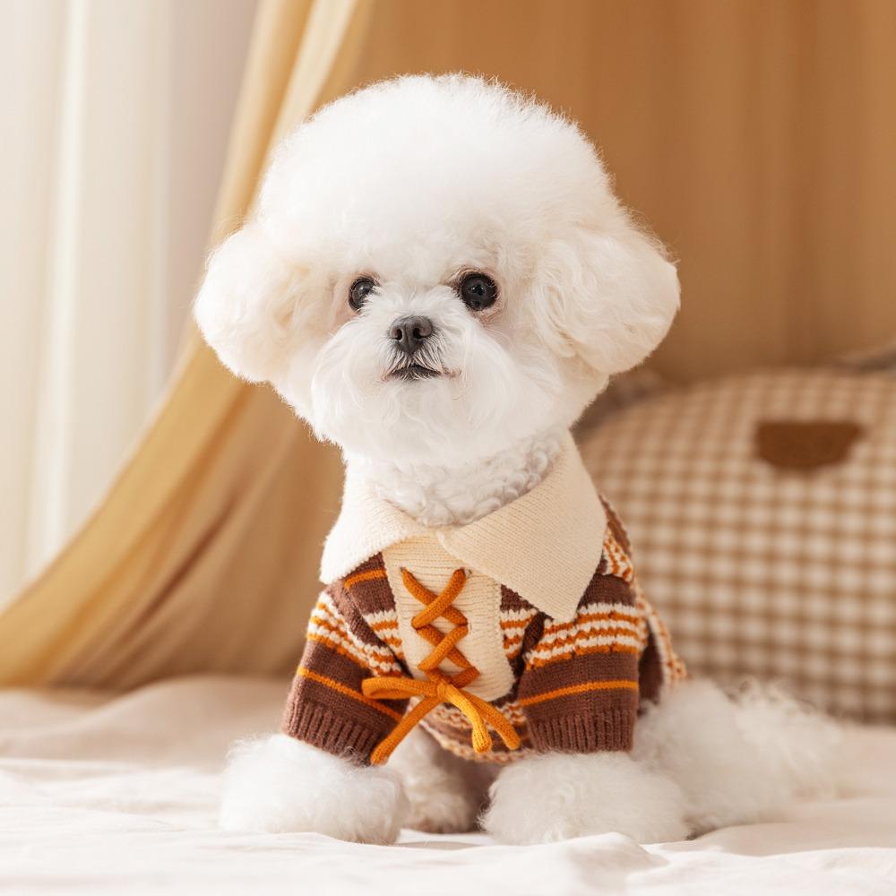 Spring and Autumn dog clothes contrasting color strips lace-up polo collar sweater two-legged small dog Bigbear teddy dog clothes