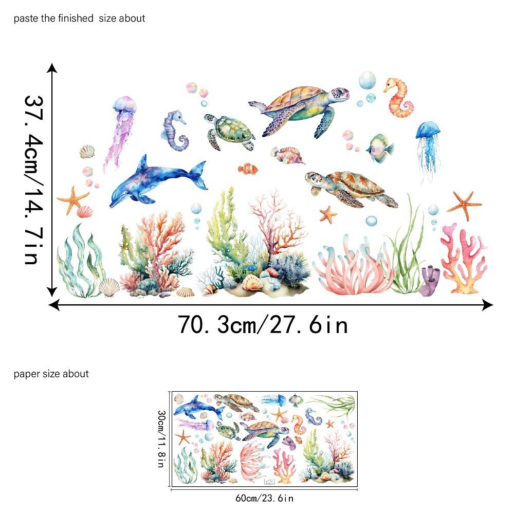 Cartoon, Watercolor Ocean, Coral, Jellyfish, Turtle, Decorative Wall Stickers, Bedroom and Bathroom Beautification, Home Decoration Stickers
