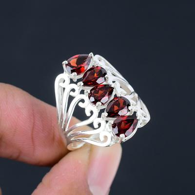 Gemma di Granato Rosso Sfaccettato Argento Sterling Massiccio 925 Anello a Forma di Pera Gioiello Per Donna e Ragazze