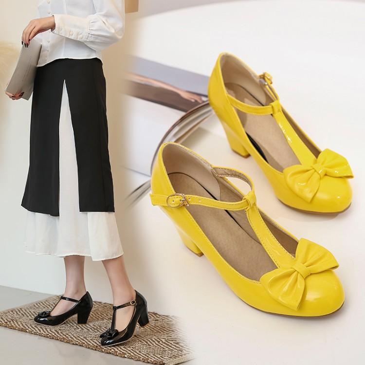 Pink Large Size Shoes Thick Heel Middle Heel Bow T-button Women's Shoe Size