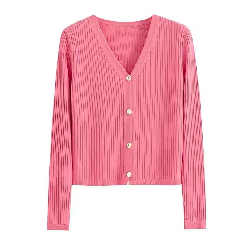 Dames Lente/Zomer V-hals Gebreide Vest - Lange Mouw, Lichtgewicht Slim Fit Jas