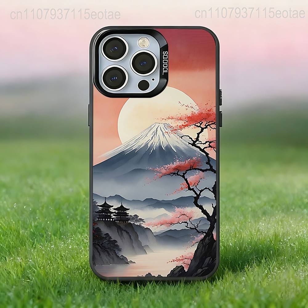 Japanese Mount Fuji Landscape Black Phone Case Compatible with iPhone 17 16 15 14 13 12 11, Pro, Max, Plus, E, Air, Mini