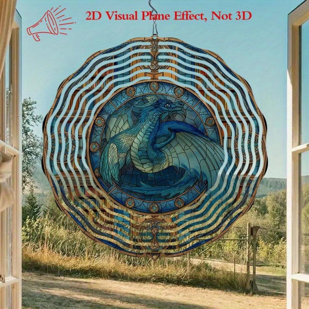 Stained Glass Dragon Wind Chime Outdoor Decor 10 Inch Rotating Metal Garden Art Handmade Asian Style Patio Hanging Ornament Gift for Home