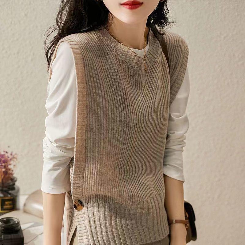 Women's Round Neck Pullover Knitted Vest Loose Casual Outerwear Sleeveless Cardigan Vest Outer Wear Lazy Style Top