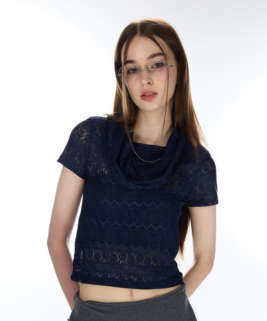 LARTIGENT L12 Cowl Lace T-Shirt(Navy)