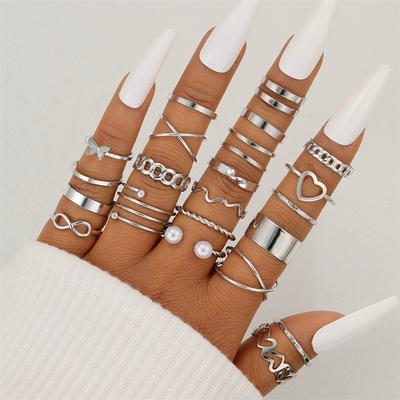 Vintage Hohl Herz Schmetterling Ringe Set Für Frauen Silber Farbe Metall Geometrische Kreuz Perle Finger Ring Trendy Schmuck