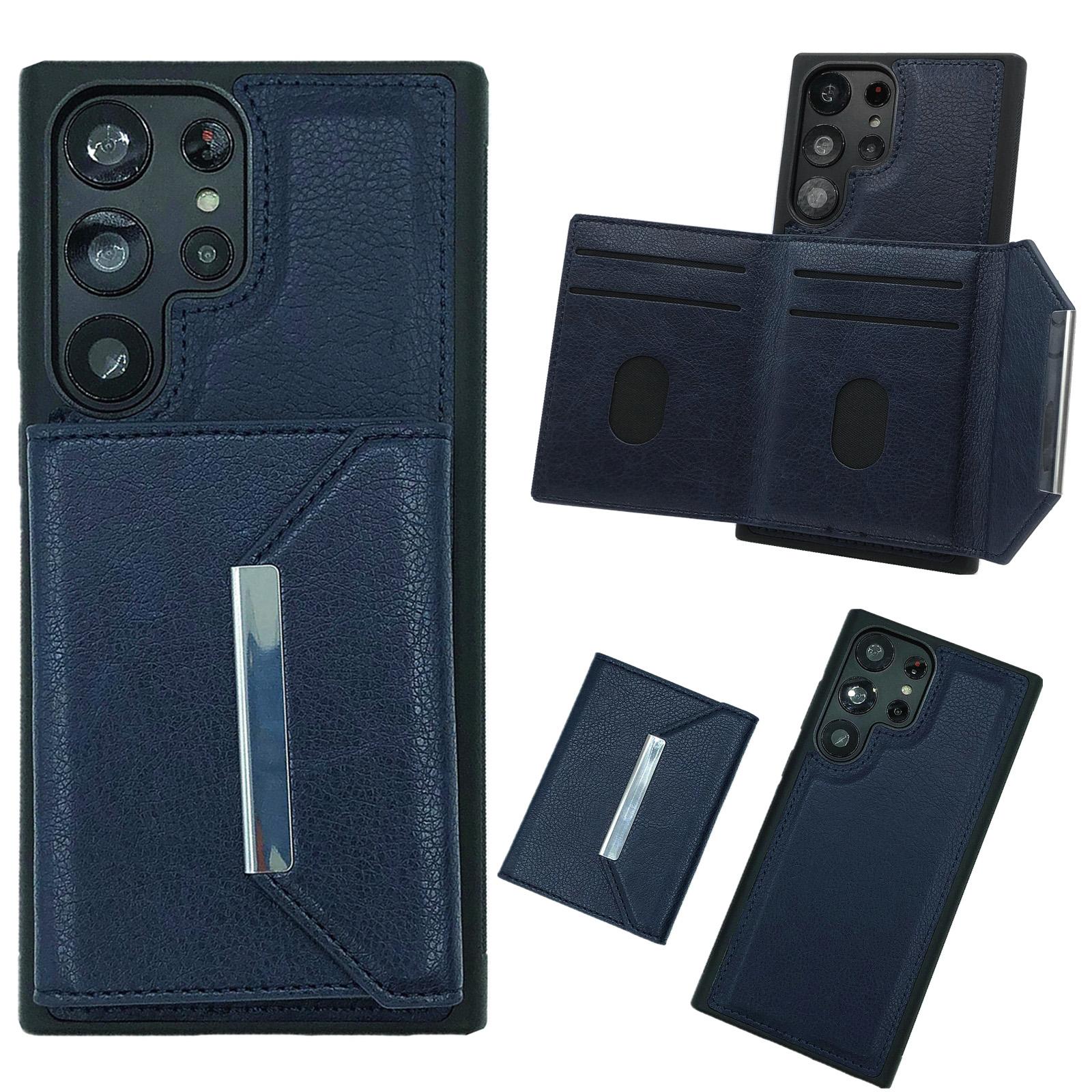 

For Samsung Galaxy S22 Ultra 5G Kickstand Case PU+TPU Phone Cover with Card Bag Sapphire