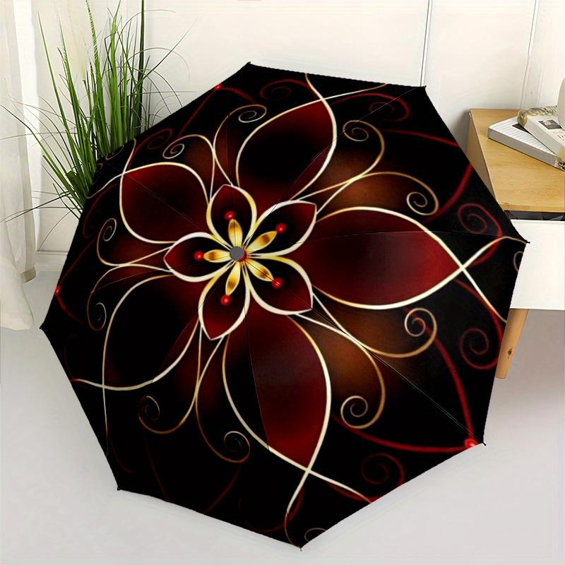 

1pc Automatic Opening/Closing Umbrella with 8-Rib Folding Design - Burgundy & Golden Luxury for Lotus Flower Pattern, Black/Re (as the picture,Iron&8K)