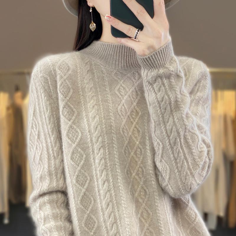 Women's Pure Wool Knitted Pullover Sweater for Autumn-Winter, Round Neck, New 23100
