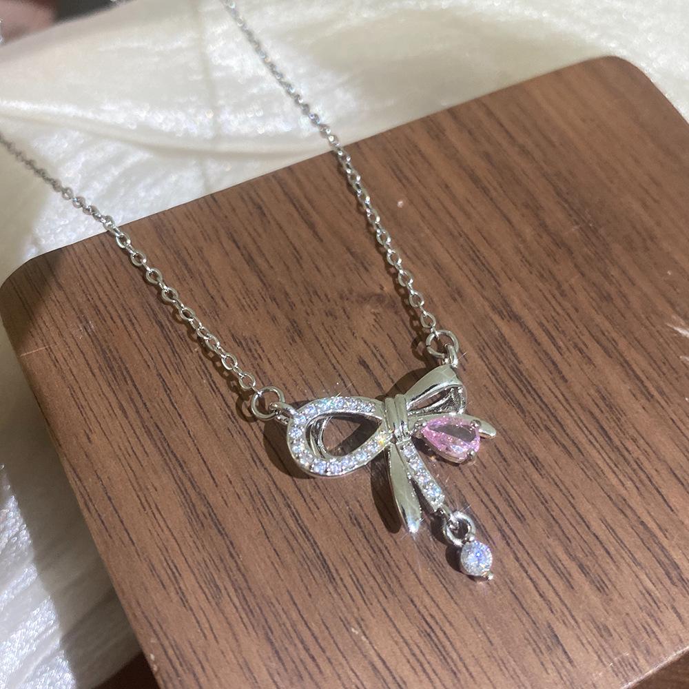French Fairy Bow Tassel Necklace with Pink Zircon Clavicle Chain - Fashionable Light Luxury Qixi Gift