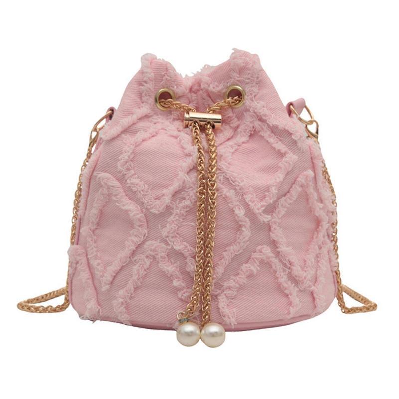 Denim Kordelzug Eimerbeutel für Damen Geräumig Quasten Jeans Kleine Schultertasche Umhängetasche mit Verstellbarem Riemen Rosa