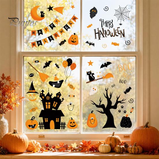 Holiday Glass Decoration Stickers 4 Sheets Halloween Electrostatic Stickers, Cartoon Pumpkins Castle Bats Window Easy Remove Clings PVC Waterproof