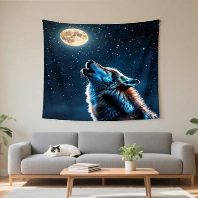 Realistischer Wolf heult den Vollmond an Wandteppich Wandbehang Wohnzimmer Schlafzimmer Dekor Kühle Tonart Wildtier Hintergrund