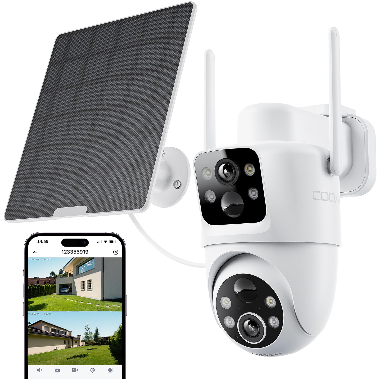 

COOAU Outdoor Security Camera with Advanced Dual Simultaneous and True 5W Solar No Power Supply Easy 3 Motion for and and Tamper Cameras,