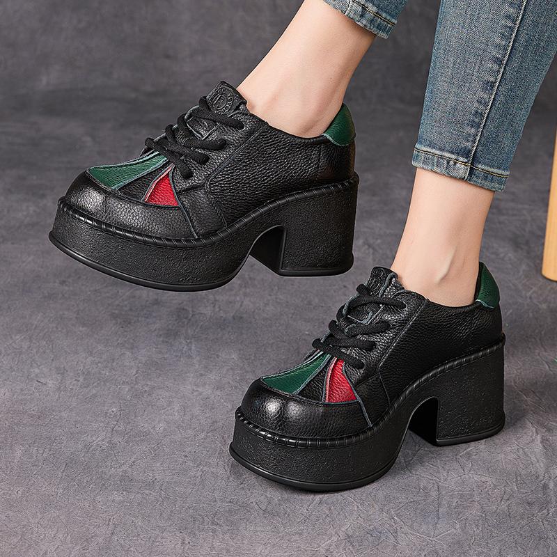 GKTINOO Retro High Heels Women Shoes Flat Platform 7cm Thick Heels Shoes Mixed Colors Genuine Leather Luxury Lace Up Shoes