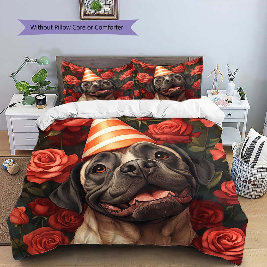 Dog with Birthday Hat Pattern Bedding Quilt Set Home Decoration Gift (1 * duvet cover + 2 * pillowcase without core)