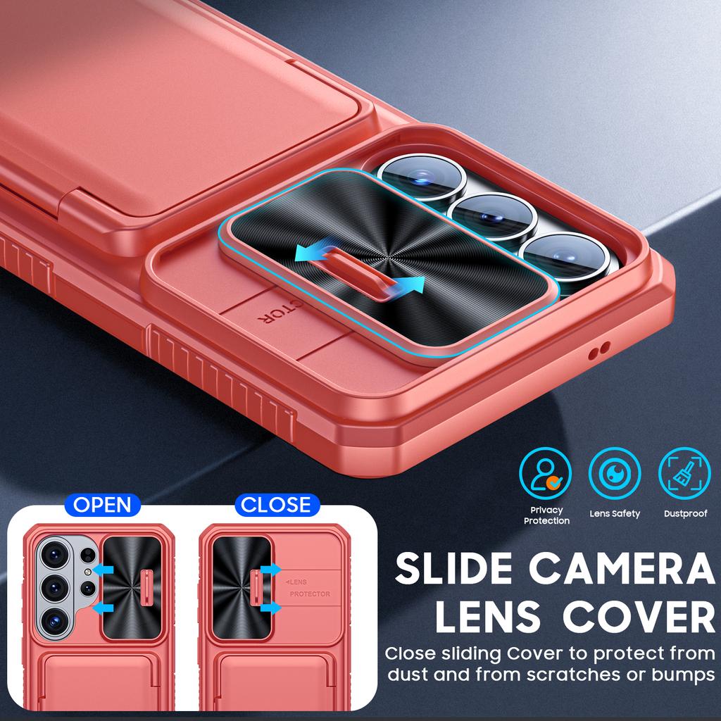Avec Porte-Cartes, Cache-Objectif Coulissant et Support pour Étui de Téléphone Samsung Galaxy S26 Ultra, Étui Portefeuille Anti-Chute en PC+TPU - Rose Clair
