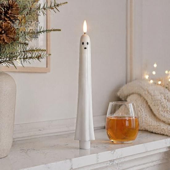 Spooky Home Decoration for Halloween Ghost Flameless Taper Candles, Battery Operated Flickering Candle Light with Indoor Table Centerpieces