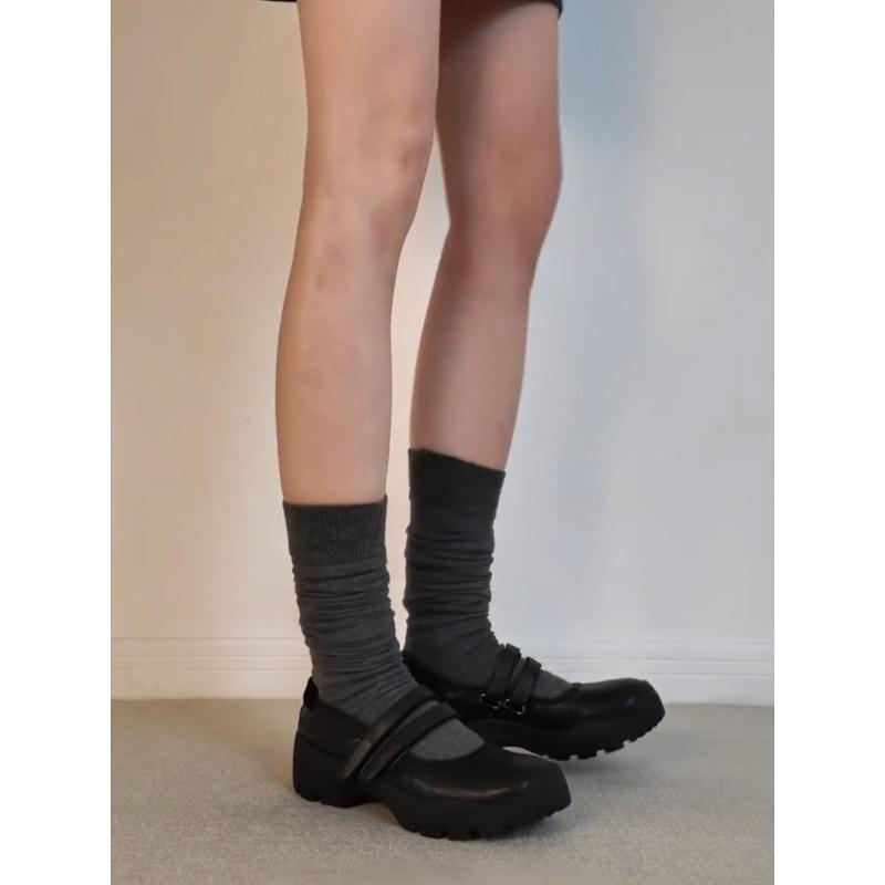 Sheepskin version~ French leather round head platform Mary Jane shoes femininity black word with light mouth thick heel single shoes