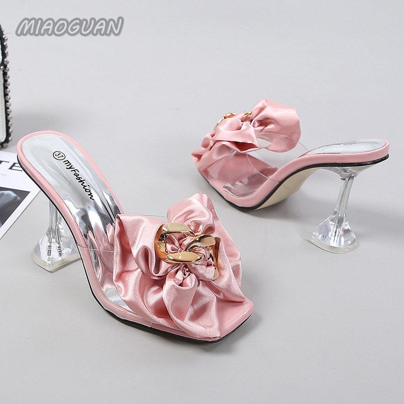 Transparent Slippers for Women Summer Pink Butterfly-knot Designer Sandals Clear Heels 46 Female Shoes