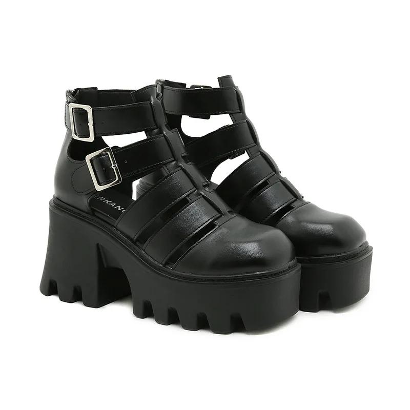 Fashion Square buckle metal summer new toe openwork Roman shoes woven vintage breathable block heel platform cool